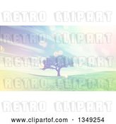 Clip Art of Retro 3d Tree on a Grassy Hill, with Sunshine and Clouds by KJ Pargeter