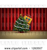 Clip Art of Retro 3d Yellow Robot Smiling Around a Christmas Tree, over Red Curtains by Stockillustrations
