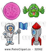 Clip Art of Retro 8 Bit Pixel Art Video Game Styled Astronaut, Rocket, Alien and Planet by AtStockIllustration