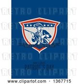 Clip Art of Retro American Patriot Minuteman Revolutionary Soldier Carrying a Musket Rifle with Land of the Free and Home of the Brave, Have a Great Patriot's Day Text on Blue by Patrimonio