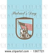 Clip Art of Retro American Patriot Minuteman Revolutionary Soldier Wielding a Flag with Always Honour the Heroes on Patriot's Day Text on Blue by Patrimonio
