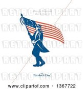 Clip Art of Retro American Patriot Minuteman Revolutionary Soldier Wielding a Flag with Always Honour the Heroes on Patriot's Day Text on White by Patrimonio