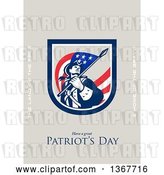 Clip Art of Retro American Patriot Minuteman Revolutionary Soldier Wielding a Flag with Land of the Free and Home of the Brave and Have a Great Patriot's Day Text on Taupe by Patrimonio