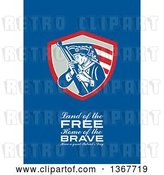 Clip Art of Retro American Patriot Minuteman Revolutionary Soldier Wielding a Flag with Land of the Free, Home of the Brave, Have a Great Patriot's Day Text on Blue by Patrimonio