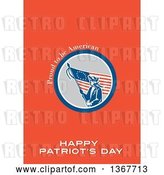 Clip Art of Retro American Patriot Minuteman Revolutionary Soldier Wielding a Flag with Proud to Be American, Happy Patriot's Day Text on Red by Patrimonio
