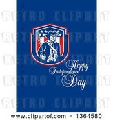 Clip Art of Retro American Revolutionary Patriot Soldier Holding a Bayounet in a Shield, with Happy Independence Day, God Bless America Text on Blue by Patrimonio