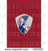 Clip Art of Retro American Revolutionary Patriot Soldier Holding a Flag over God Bless America, Happy Independence Day, 4th July Text on Red by Patrimonio
