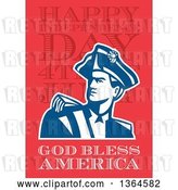 Clip Art of Retro American Revolutionary Patriot Soldier over Happy Independence Day, 4th of July, God Bless America Text on Red by Patrimonio