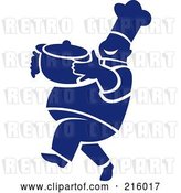 Clip Art of Retro Blue and White Chef Carrying a Pot by Patrimonio