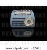 Clip Art of Retro Blue Radio with a Station Tuner, on a Reflective Black Surface by KJ Pargeter