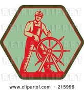Clip Art of Retro Captain Steering a Helm on a Green Sign by Patrimonio