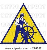 Clip Art of Retro Captain Steering a Helm on a Yellow Sign by Patrimonio
