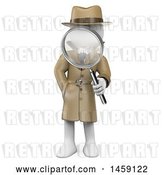 Clip Art of Retro Cartoon 3d White Guy Detective Holding a Magnifying Glass, on a White Background by