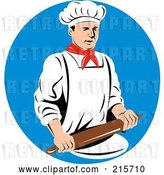 Clip Art of Retro Chef Using a Rolling Pin over a Blue Circle by Patrimonio