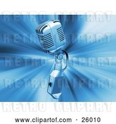Clip Art of Retro Chrome Microphone over a Blue Bursting Background by KJ Pargeter