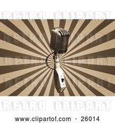 Clip Art of Retro Chrome Microphone over a Bursting Brown and Tan Background by KJ Pargeter