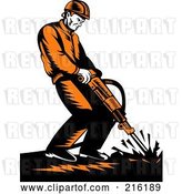 Clip Art of Retro Construction Worker Operating a Jackhammer by Patrimonio