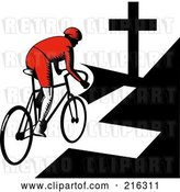 Clip Art of Retro Cyclist Riding Towards a Cross by Patrimonio