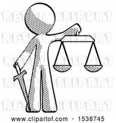 Clip Art of Retro Design Mascot Guy Justice Concept with Scales and Sword, Justicia Derived by Leo Blanchette