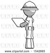 Clip Art of Retro Explorer Guy Looking at Tablet Device Computer with Back to Viewer by Leo Blanchette