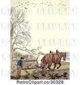 Clip Art of Retro Frame of a Guy and Horses Ploughing by Prawny Vintage