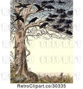 Clip Art of Retro Frame of Crows in a Tree over Rabbits and Pigeons by Prawny Vintage