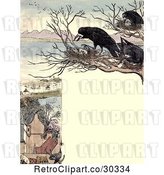 Clip Art of Retro Frame of Nesting Crows over a Village by Prawny Vintage