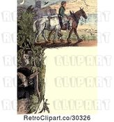 Clip Art of Retro Frame of Owls a Guy and Horses by Prawny Vintage