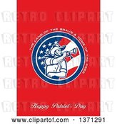 Clip Art of Retro Greeting Card Design with an American Calvary Soldier Blowing a Bugle and the Land of the Brave&Home of the Free, Happy Patriot's Day Text on Red by Patrimonio