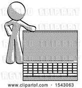Clip Art of Retro Halftone Design Mascot Guy Beside Large Laptop Computer, Leaning Against It by Leo Blanchette