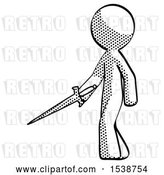 Clip Art of Retro Halftone Design Mascot Guy with Sword Walking Confidently by Leo Blanchette