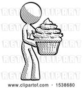 Clip Art of Retro Halftone Design Mascot Lady Holding Large Cupcake Ready to Eat or Serve by Leo Blanchette