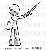 Clip Art of Retro Halftone Design Mascot Lady Holding Sword in the Air Victoriously by Leo Blanchette