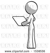 Clip Art of Retro Halftone Design Mascot Lady Looking at Tablet Device Computer with Back to Viewer by Leo Blanchette