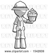 Clip Art of Retro Halftone Explorer Ranger Guy Presenting Pink Cupcake to Viewer by Leo Blanchette