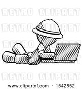 Clip Art of Retro Halftone Explorer Ranger Guy Using Laptop Computer While Lying on Floor Side Angled View by Leo Blanchette