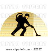 Clip Art of Retro Logo of a Carpet Cleaner Guy over a Lined Half Circle by Patrimonio