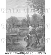 Clip Art of Retro Lone Old Man in a Cemetery near a Church, in Black and White by Picsburg