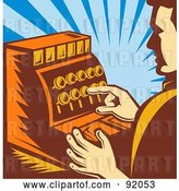 Clip Art of Retro Male Cashier Pushing Buttons on a Register by Patrimonio
