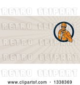 Clip Art of Retro Male Construction Worker Giving a Thumb up in a Circle and Taupe Rays Background or Business Card Design by Patrimonio