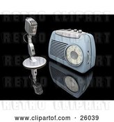Clip Art of Retro Microphone and Blue Radio on a Reflective Black Surface by KJ Pargeter