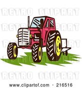 Clip Art of Retro Red Tractor on Grass by Patrimonio