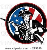 Clip Art of Retro Revolutionary War Soldier Holding a Rifle over an American Flag Circle by Patrimonio