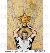 Clip Art of Retro Rugby Player Holding a Trophy, on Grunge by Patrimonio