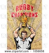 Clip Art of Retro Rugby Player Holding a Trophy, on Grunge with Rugby Champions Text by Patrimonio