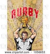 Clip Art of Retro Rugby Player Holding a Trophy, on Grunge with Text by Patrimonio