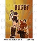 Clip Art of Retro Rugby Player Jumping, on Orange Grunge with Text by Patrimonio