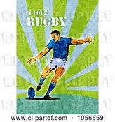 Clip Art of Retro Rugby Player Kicking, on Green Grunge with Text by Patrimonio