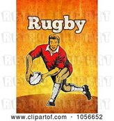 Clip Art of Retro Rugby Player Passing, on Orange Grunge with Text by Patrimonio
