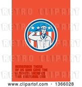 Clip Art of Retro Saluting Soldier in an American Circle with Remember Those of Us Who Gave the Ultimate Sacrifice This Memorial Day Text on Orange by Patrimonio
